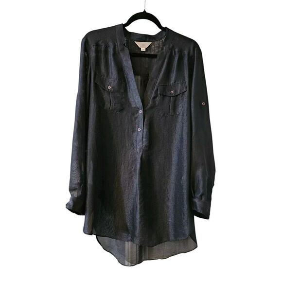 Zoa Womens Small Blouse Sheer Navy V-Neck Pockets Roll Tab Sleeves - Picture 1 of 11